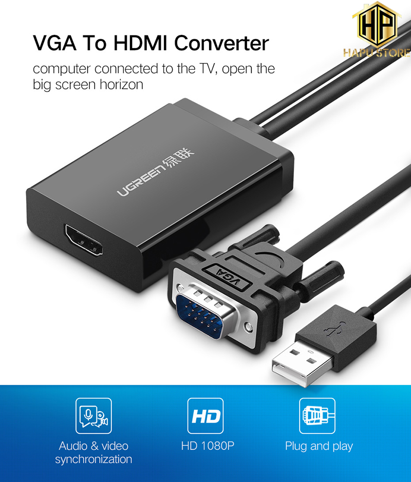 Cáp chuyển đổi VGA sang HDMI Ugreen 40213 hỗ trợ Audio chính hãng