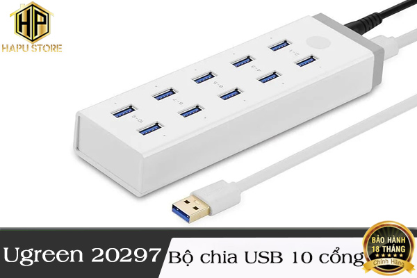 Bộ chia USB 10 cổng Ugreen 20297 chuẩn USB 3.0 có nguồn phụ chính hãng