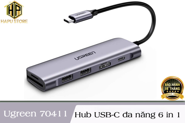 Ugreen 70411 - Hub USB-C 6 in 1 ra HDMI, USB 3.0, USB PD, khe đọc thẻ nhớ